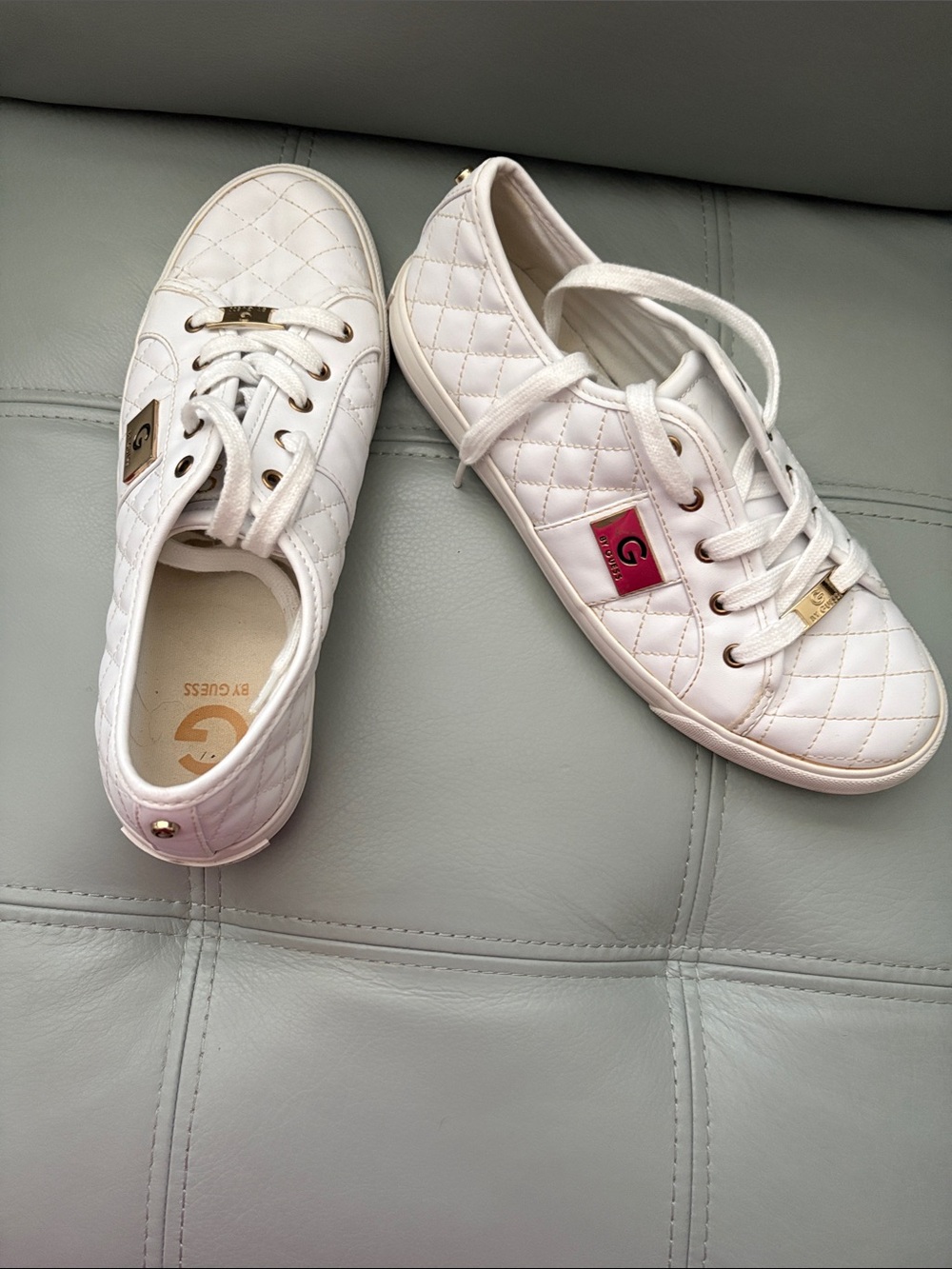 Guess White Quilted Lace-Up Sneakers with Gold Accents